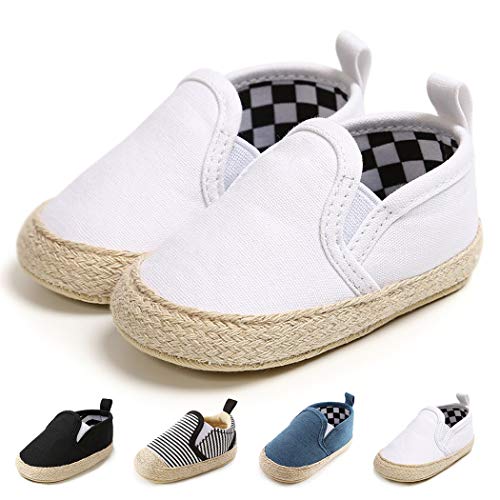 Infant Baby Boys Girls Shoes PU Toddler Sneakers Soft Sole Slip On Canvas Moccasins Newborn First Walker Crib Shoes(0-18 Months)(0-6 Months M US Infant,F-White)