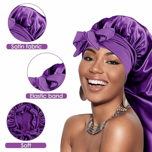 Adorila Extra Long Satin Bonnet for Women Adjustable Braid Bonnet with Tie Band, Double Layer Elastic Silk Headwear, Purple, One Size - Image 2
