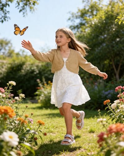 Image of Girls Cardigan, Girls Bolero Shrug Sweater, Kids Knit Hollow Out Long Sleeve, Button Cover Up Cropped Tops