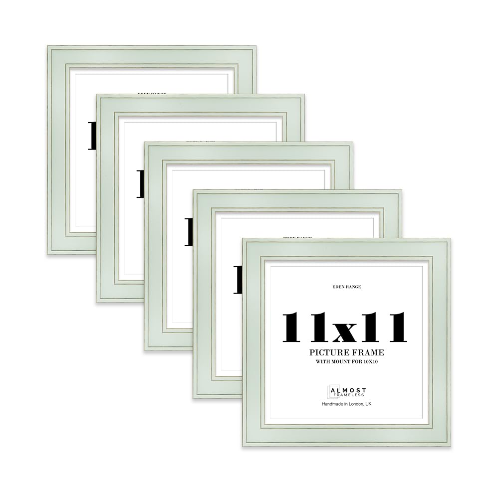 11x11" Sage Green Square Picture Frame with 10x10" Mount - Shabby Chic Photo Frame with Distressed Finish, Gold Trim, Wall Hooks and Kickstand, 37mm Edge - 5 Pack