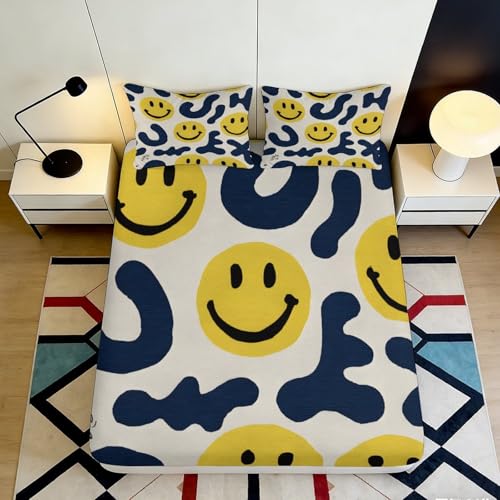 Drap Housse Imprimé 3D Smiley Microfibre Poche Profonde Antidérapant Parure de Lit Smiley Mattress Fitted Cover Lavable Chambre 90x200x25cm