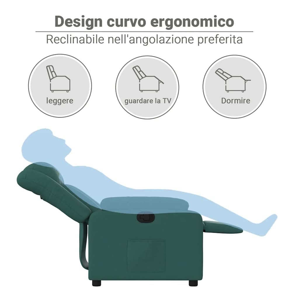 vidaXL Poltrona Reclinabile in Tessuto Verde Scuro, poltrona reclinabile, poltrona elettrica, poltrona singola, poltrona reclinante, poltrona