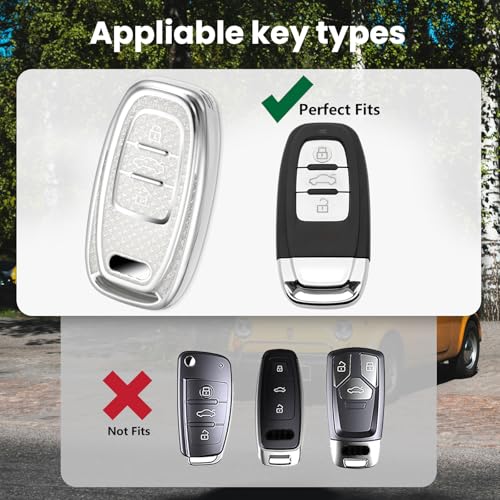 Image of Key Fob Cover for Audi, Rhinestone Wristlet Keychain Case, White | Wear-resistant TPU shell, non-stretch rhinestone wristlet, daily splash, scratch and drop protection, normal signal use