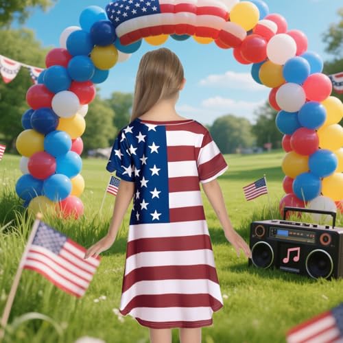 RONGTAI Girls 4th of July Dress American Flag Patriotic Stars Striped Summer Casual Short Sleeve Dresses for 4-12 Years Kids3