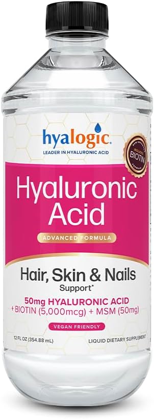 Hyalogic Liquid Hyaluronic Acid Supplement - Support for Healthy Hair, Skin and Nails with 5,000 mcg Biotin and 50mg MSM - Natural Hydration for the Whole Body - High Molecular Weight Formula - 12 oz