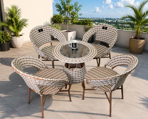 Image of Brookwood - Outdoor Furniture Dinning Set 4 Chairs and 1 Table - Checks Beige White (4 Chair & 1 Table, White & Beige)