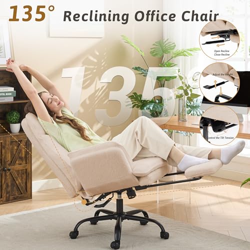 Image of Wider Seat Office Chair with Flip Armrests for Criss Cross Legged&Cats, Big and Tall Executive Ergonomic Reclining Chair with Footrest&Lumbar Pillow, Teddy Fleece Desk Chair, Beige Vanity Chair