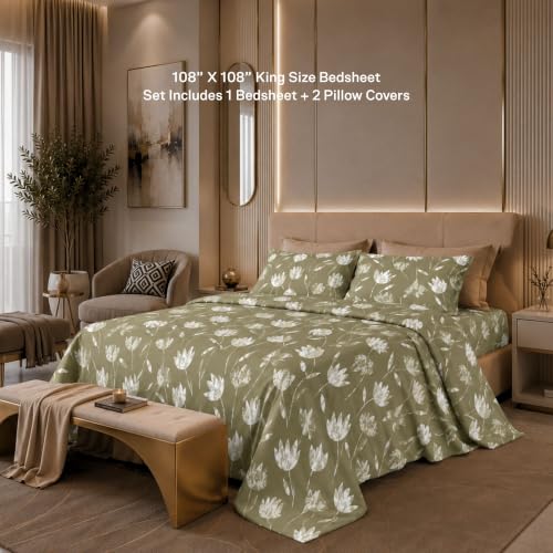 Image of Jaipur Weaves Cotton King Size Bedsheet 108x108 Super King, 100% Pure Cotton Bed Sheet with 2 Pillow Covers, 300 TC Soft Breathable Floral Design Bedding (Mustard Tulips, Super King)