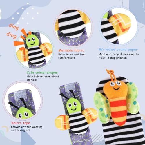 Image of SNOWIE SOFT Baby Socks Rattles and Wristband Rattle Set for Babies 0-6 Months, Cartoon Fun Cotton Socks with Cartoon Plush Rattle Toys Soft Sound Sensory Baby Toys for 6 to 12 Months