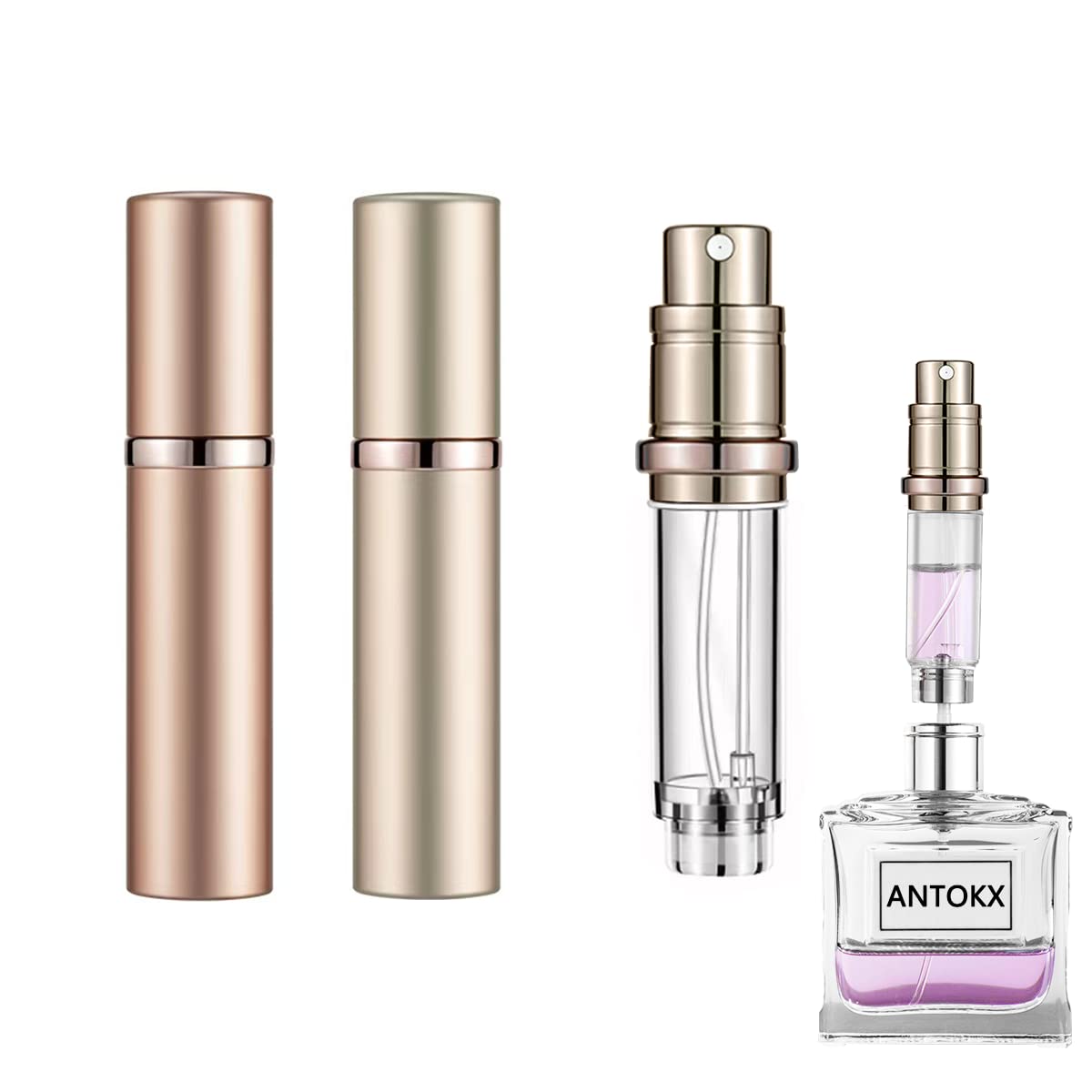 Perfume Travel Spray Bottle Atomizer - 2-Pack 5ML ANTOKX Atomizer Perfume Bottle, Scent Pump Case, Luxury Leakproof Refillable Perfume Spray Bottle for Women and Men (Gold & Rose gold)
