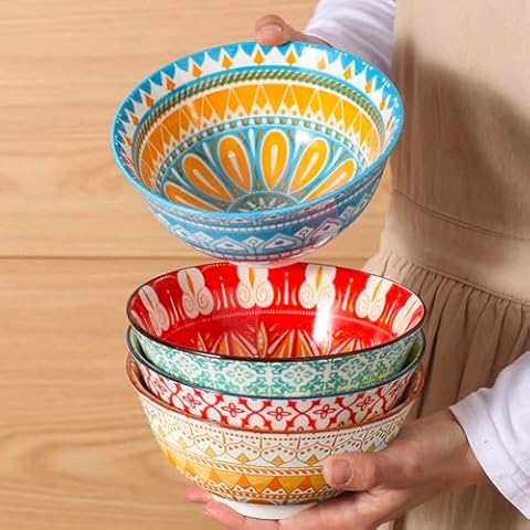 shiningsoul 4 PCS Bohemian Style Ceramic Cereal Bowls Set, 24 oz Colorful Bowls Set for Soup, Cereal, Fruit, Ice Cream, Salad, Pasta, Dishwasher & Microwave Safe, Kitchen Decor & Housewarming Gift Cover