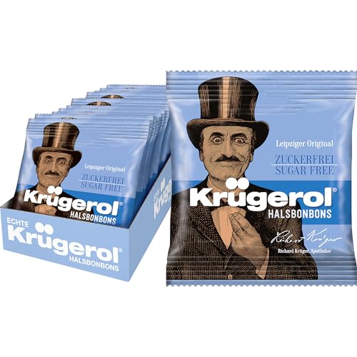 Krügerol Zuckerfrei – (14 x 50g) – Hustenbonbons mit Süßungsmitteln & natürlichem Birnenaroma – Zuckerfreie Halsbonbons mit Menthol nach Original Leipziger Rezeptur
