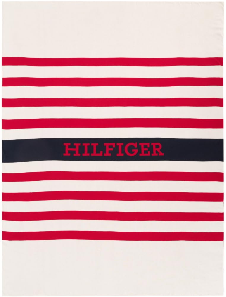 Tommy Hilfiger - Manta, Tejido de Punto, 100% algodón orgánico, Rayas y Logotipo de Hilfiger, gráfico e icónico, 130 x 170 cm