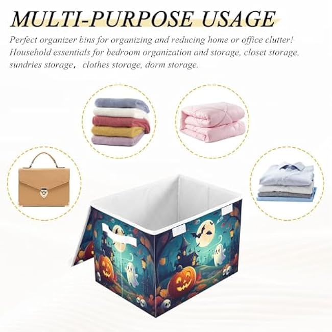 STAYTOP Halloween Decorations Storage Bins with Lids and Carrying Handle,Halloween Pumpkin Foldable Storage Boxes Organizer Containers Baskets for Home Bedroom Closet Office Nursery