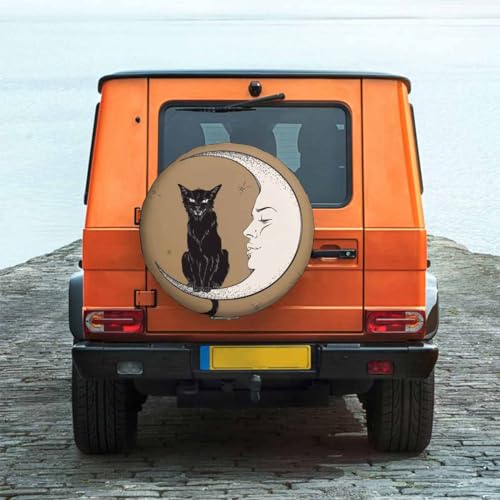 Image of Black Cat Moon Spare Tire Cover for RV Trailer Halloween Magical Cat Wheel Protectors Weatherproof Polyester Tire Case for All Cars SUV Camper Travel 15 inch