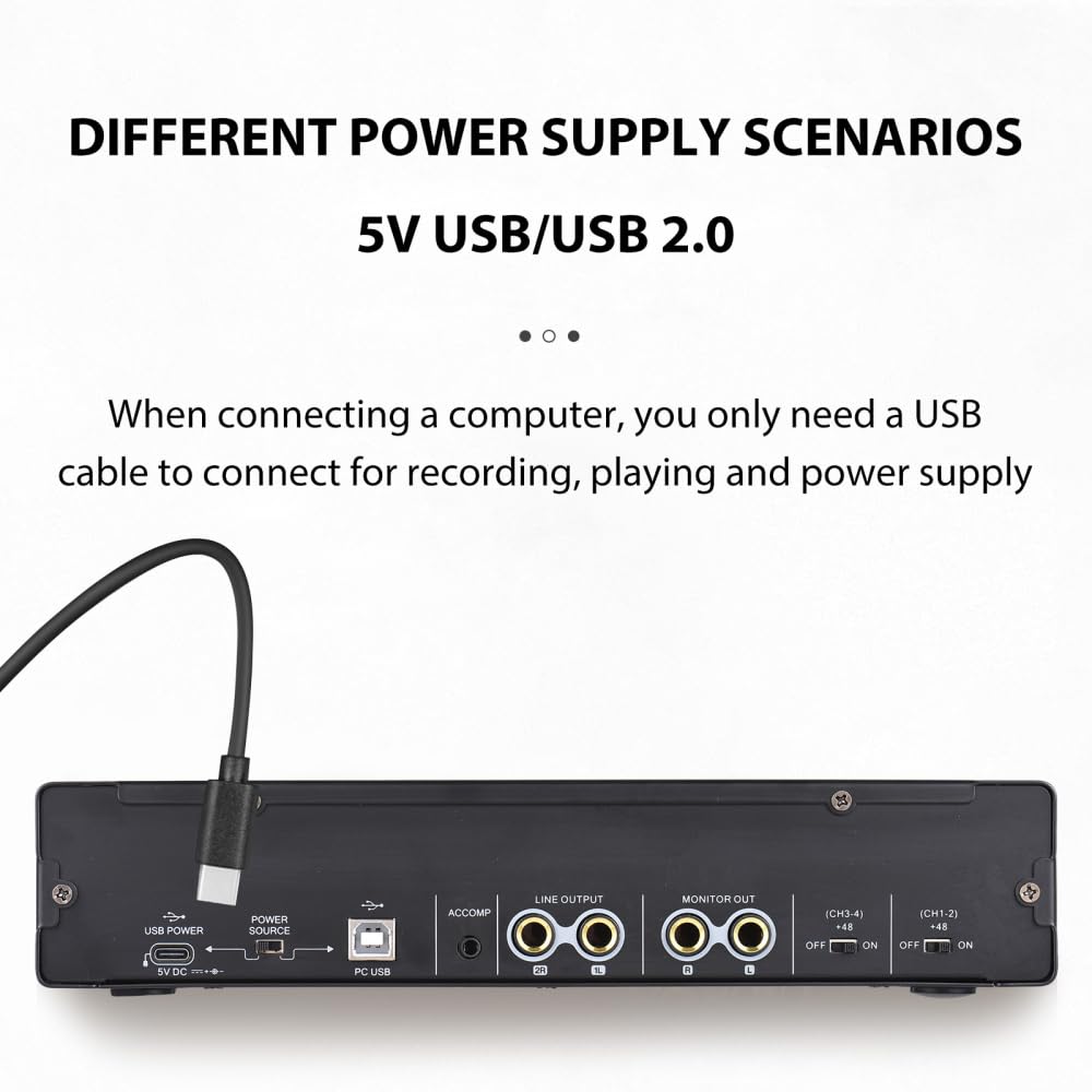 Tarjeta de sonido de grabación de 4 canales con interfaz de audio sin controlador, tarjeta de sonido USB de 4 pulgadas y 4 salidas de 24 bits/192 khz, fuente de alimentación Phantom de 48 V para