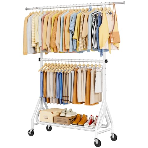 Image of Double Rods Clothing Rack, Heavy Duty Clothes Rack for Hanging Clothes Load 560LBS, Metal Rolling Garment Racks with Wheels, Freestanding Clothes Hanging Racks, White