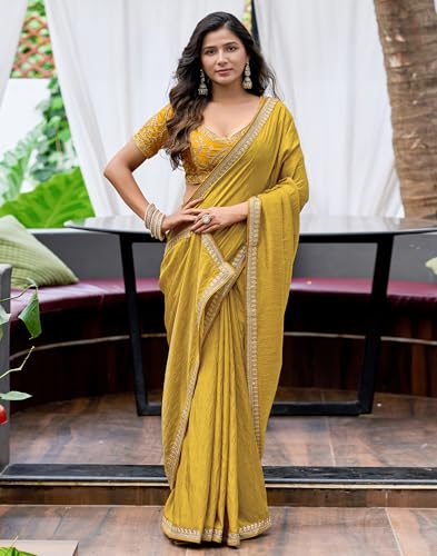 Image of SIRIL Women's Shimmer Silk Sequence Embroidery Lace two Tone Saree With Embroidery Unstitched Blouse Piece