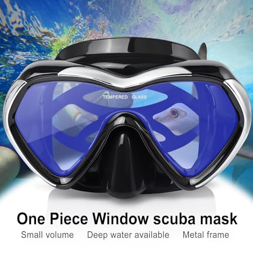 Scuba Diving Mask Anti-Fog Panoramic Snorkel Goggles, Adult Mirror Swim Mask Single Lens Swim Goggles wIith Nose Cover for Diving, Snorkeling, Swimming (Black-Blue Lens) by EXP VISION - Image 2