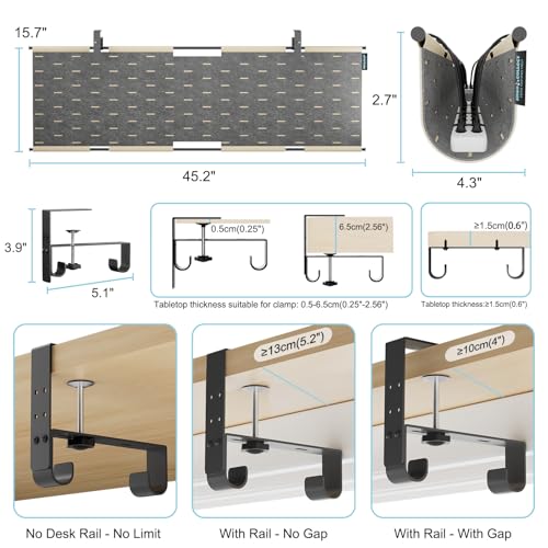 Image of No Drill Under Desk Cable Management Tray, 45.2 inch Felt Cord Organizer | Clamp or Screw Mount, Converts to Privacy Panel, Pegboard Design, Wire Management for Standing Desk & Home Office
