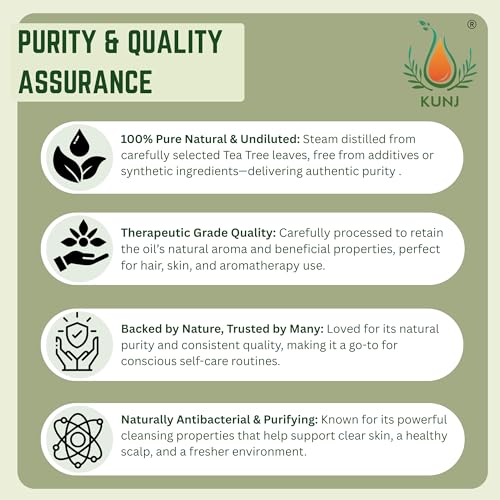 Image of KUNJ Tea Tree Essential Oil for Acne Care, Dandruff, Hair & Scalp Care 30ml | 100% Pure Steam Distilled Tea Tree Oil for Face, Nails, Diffuser & Aromatherapy | Natural Essential Oil