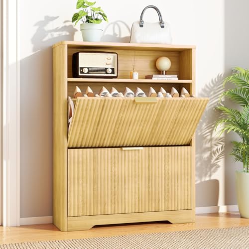 Image of Rovibek Shoe Cabinet Storage for Entryway, Narrow Shoe Rack with 2 Flip Drawers, Wood Fluted Shoe Cabinet Mid-Century & Rounded Corner Design, Hidden Shoe Storage for Entryway,Natural