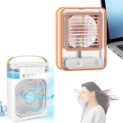 DRUMSTONE Combo {August Sale - 15 Years Warranty} Compact & Powerful Desk Fan: 3-Speed Adjustable, USB Powered with Night Light & Mist Spray & Compact Evaporative Cooler - Humidifier & LED Night Light