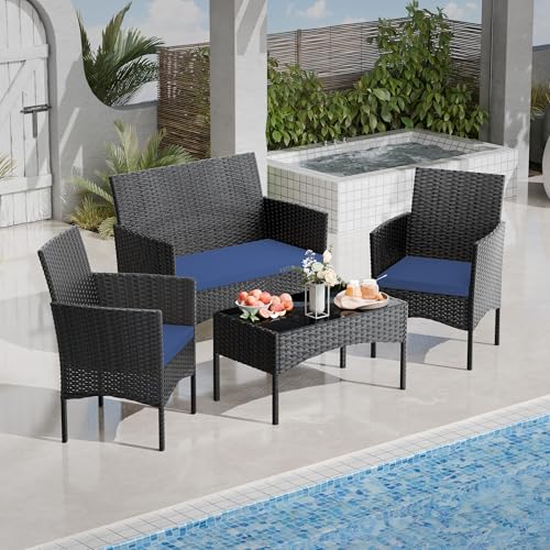 Image of 4 Pieces Patio Furniture Set Outdoor Conversation Set Rattan Furniture Set Wicker Chairs and Sofa with Glass Table for Porch Pool Backyard Garden,Navy Blue