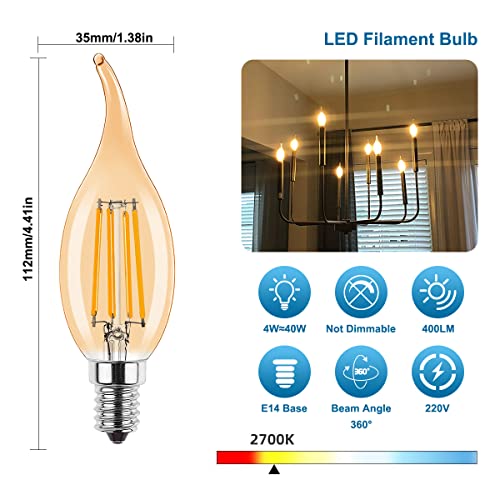 ProCrus E14 LED Candle Light Bulb,4W LED Light Bulbs for Chandelier,C35 Small Edison Screw Candelabra SES LED Bulb,2700K Warm White,Equivalent 35 Watt,350LM,Not Dimmable,Amber,Pack of 10 - Image 2