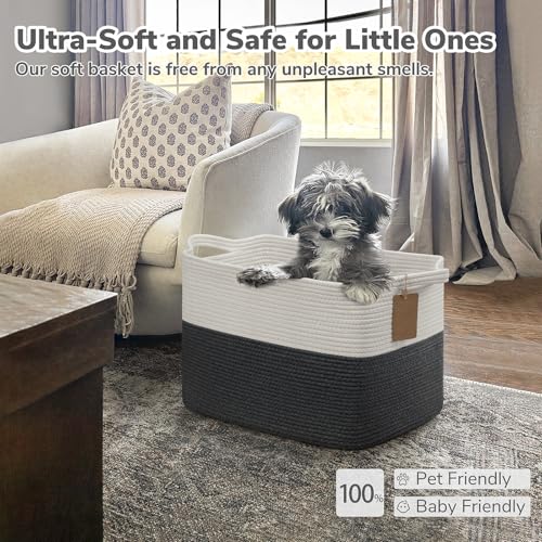 Image of Goodpick 50L Large Woven Rope Storage Basket, Rectangle, Dark Gray | 18 inch x 14 inch x 12 inch Decorative Gift Basket for Living Room & Nursery Organization, Fits Blanket & Toy Storage, Writable Label