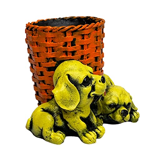 Image of AUGEN Pen Stand Decorative Hand Painted Two Puppy, Dog Design Stationery Holder | Gift Item | Table Top Decor (1052)