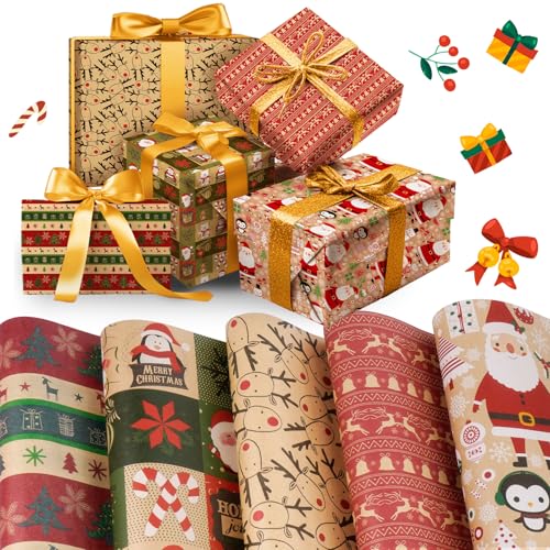 Rolo papel presente Natal rolo grande 5 rolo, 43 x 300 cm, papel de presente de Natal, papel de embrulho com 2 fitas autocolantes, motivos natalícios papel de embrulho de Natal papel de embrulho