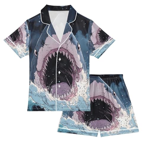 ALAZA Shark Mouth Cartoon Satin Pajamas Set Short Sleeve Button Down Sleepwear Summer Pjs 2 Piece