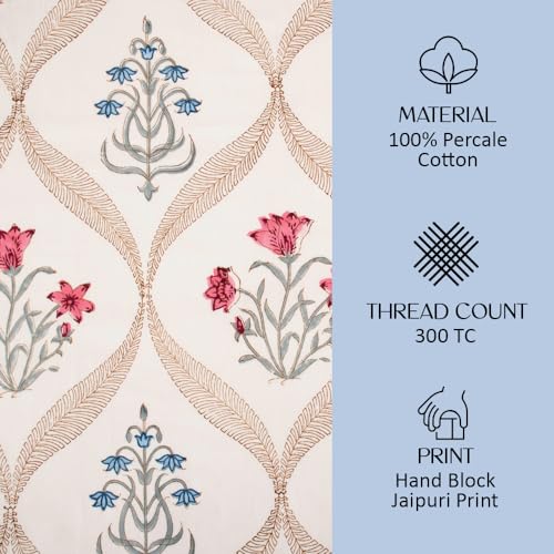 Image of Premium Bedsheet with 2 Pillow Covers I Hand Block I Pure & Soft Percale Cotton I 300 TC I 90x108 inches (King Size Double Bed Bedcover) I Floral Pattern I Pink & Blue