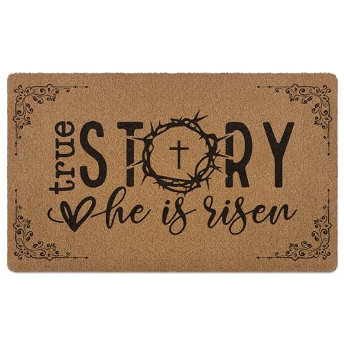 Image of Christian Easter Door Mat Doormat, He is Risen Bible Verse Welcome Front Door Mat Indoor Outdoor Entrance, Religious Easter Artificial Coir Doormats Rugs for Porch Entryway Decor 30x17in