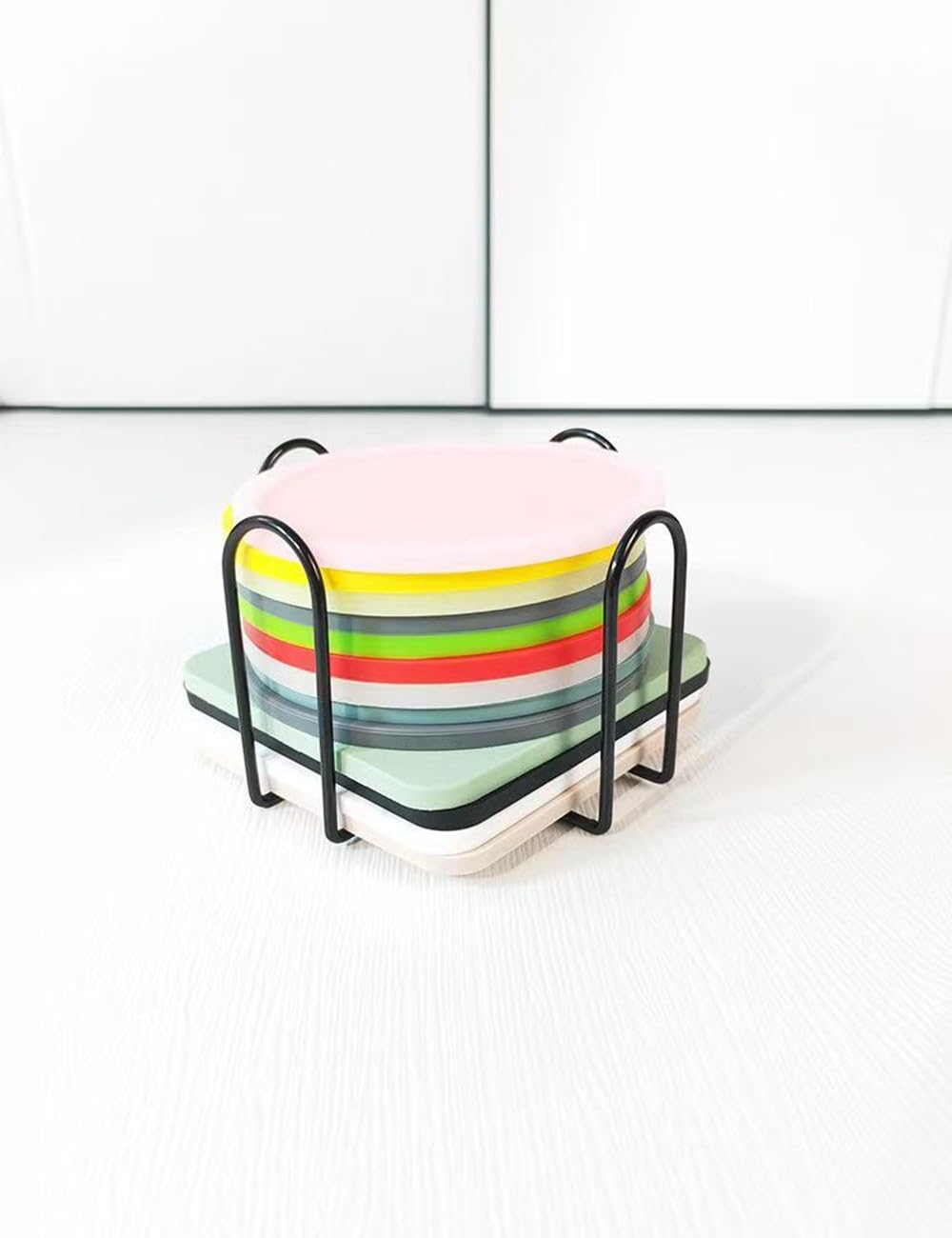 Sottobicchieri con supporto, supporto per sottobicchieri, in ferro, per sottobicchieri rotondi e quadrati da 10,2 cm (confezione da 4, nero)