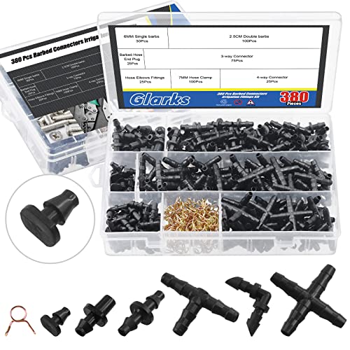 Glarks 380Pcs Barbed Connectors Irrigation Fittings and 7mm Spring Clips Kit for 1/4 Inch Water Hose Connectors