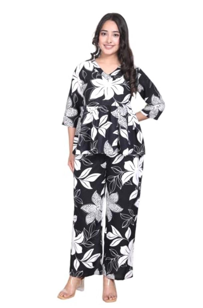 mihika fashion Women's Flared Co-ord Set with Short Top and Palazzo, Floral Print-picture-42