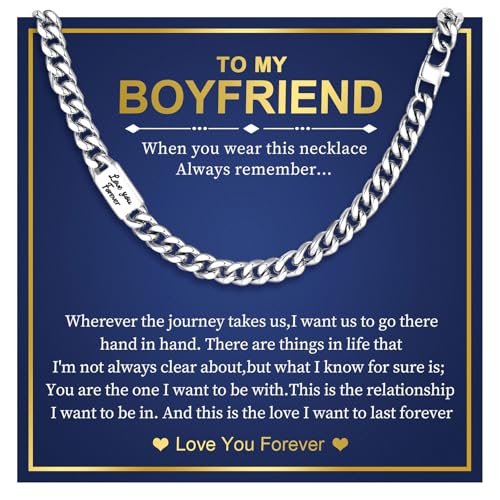 MEALGUET Cuban Link Chain Necklace for Boyfriend : Mens 316L Stainless Steel Silver Love you Forever Engraved Curb Chains Necklaces for Men from Girlfriend Jewelry Gifts for Birthday Anniversary