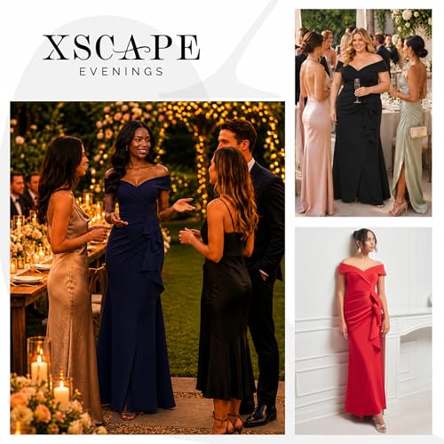 Image of Xscape Women's Long Off-the-Shoulder Sweetheart Neckline Formal Evening Gown with Ruching and Draped Ruffle Detail