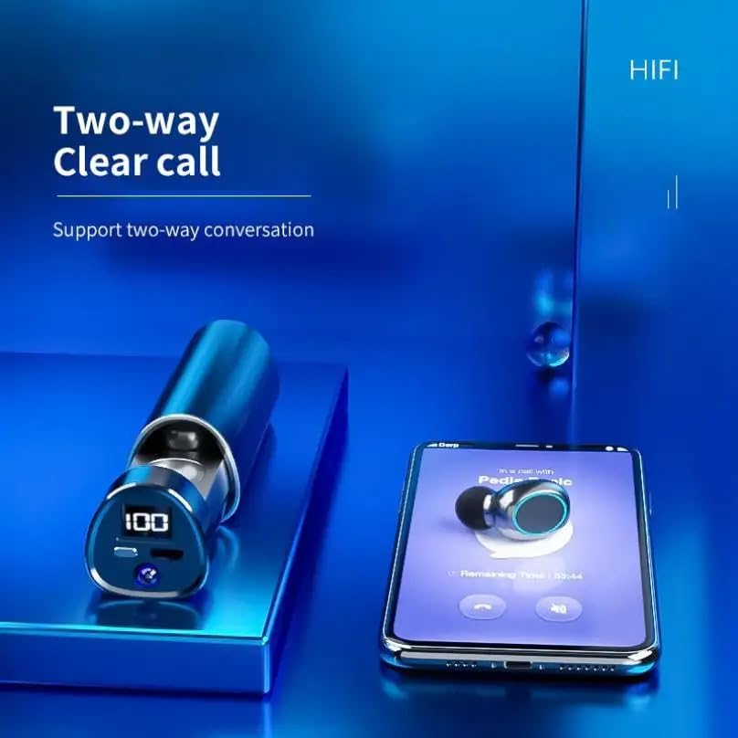 Image showing earbuds and a smartphone screen during a call, indicating two-way clear call support