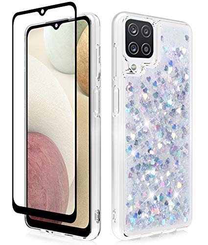 Dzxouui for Galaxy A12 Case with Glass Screen Protector,Samsung A12 Case,Girls Women TPU Clear Cover Moving Quicksand Glitter Cute Phone Cases for Samsung Galaxy A12 5G(Silver)