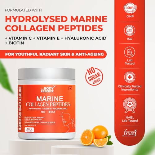 Image of The Body Reserve Marine Collagen Peptides (Orange, 200g) | With Vitamin C, Vitamin E, Sodium Hyaluronate & Biotin | Supplement for Healthy Skin, Hair & Nails | Hydrolyzed Fish Powder for Women & Men