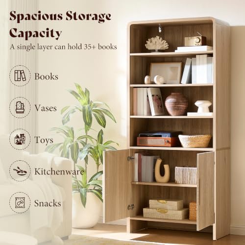Image of AMERLIFE 71 inch Modern Bookcase Set of 2 with Storage Cabinet, 6-Tier Bookshelf with 3 Adjustable Shelves & Fluted Doors, Wood Curved Display Cabinet for Living Room, Dining Room, Home Office, Natural