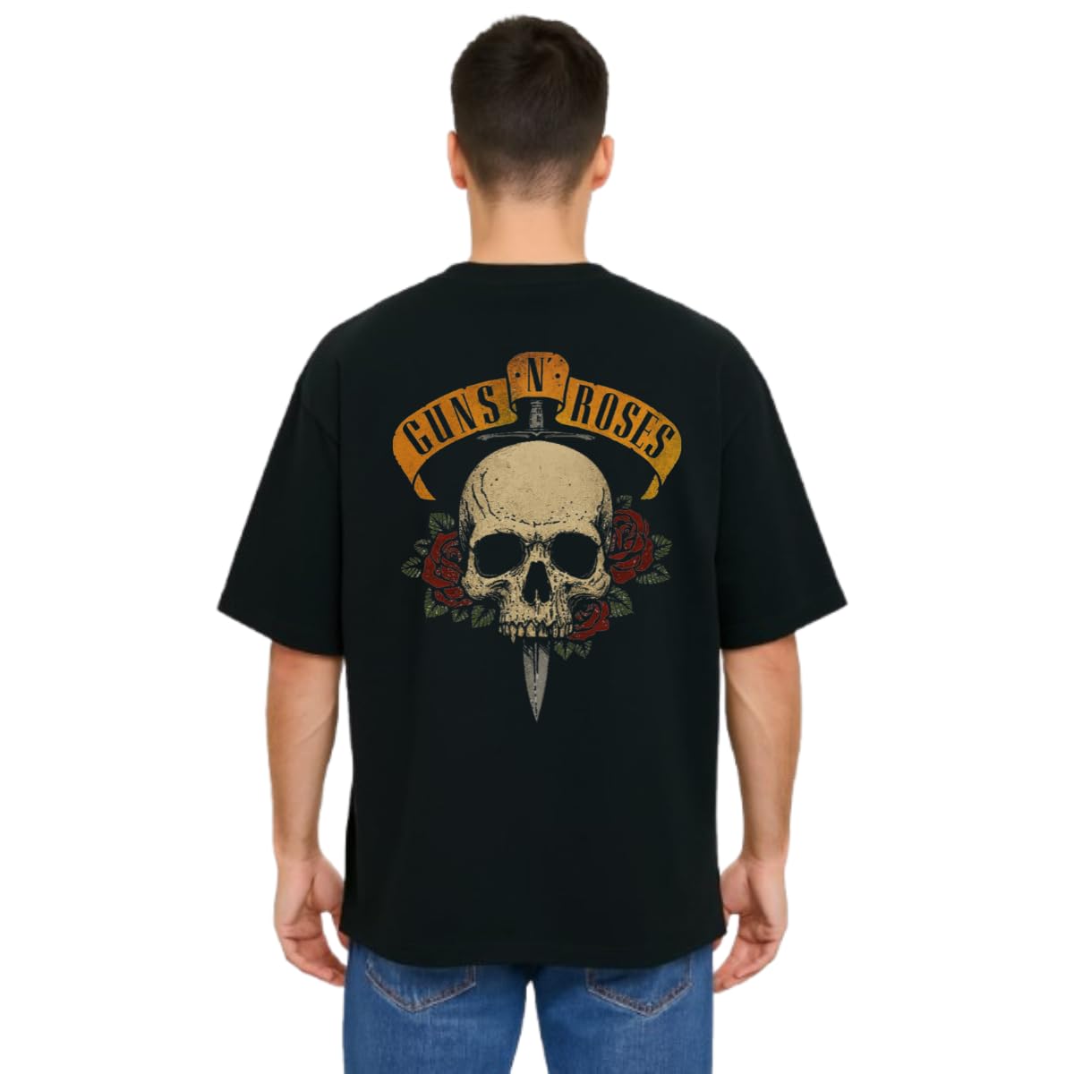 MakeitBharat Oversized Pure Cotton Black T Shirt - Guns & Roses-image-49