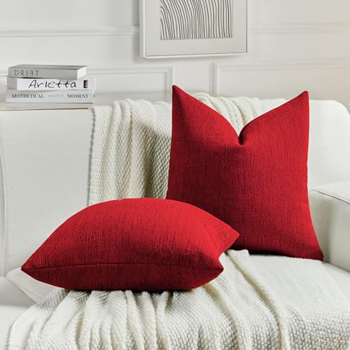 FUTEI Red Chenille Decorative Throw Pillow Covers 16x16 Inch Set of 2,Soft Cozy Faux Linen Textured Cushion Case,Farmhouse Home Decor for Couch Living Room