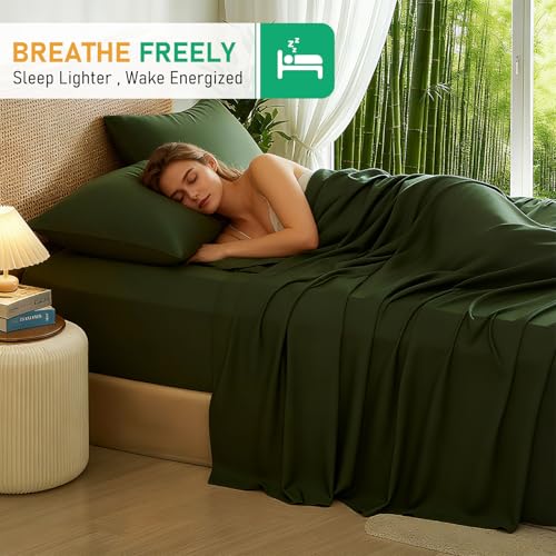 Image of 100% Viscose Derived from Bamboo Sheets, Soft & Cooling Viscose from Bamboo Sheets for Hot Sleepers, Ultra - deep Pockets Fit 18 inch-24 inch Mattresses(Olive Green)