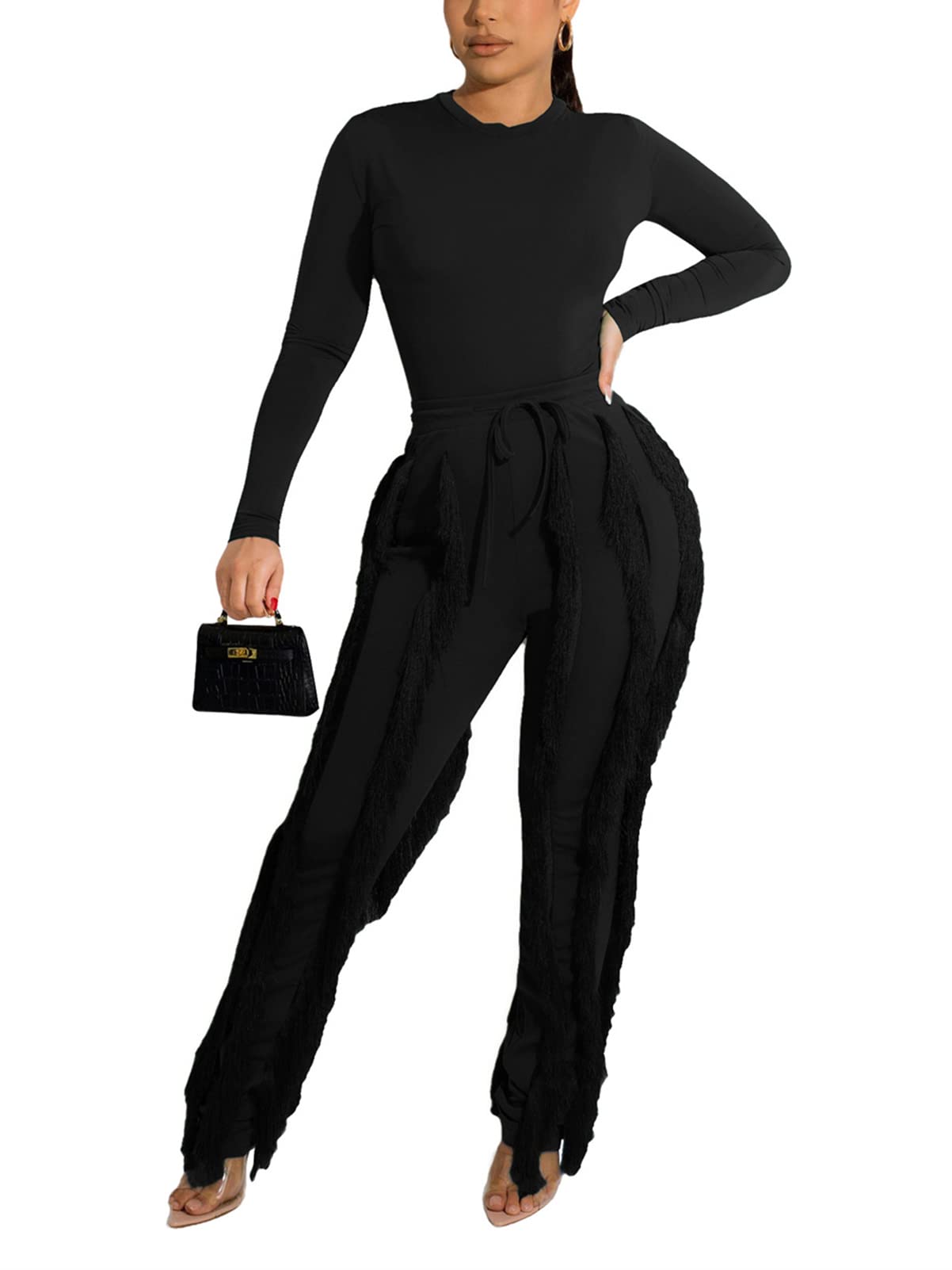 Famnbro Women's Fringe Pants Set Piece Outfits Bodycon Crop Top  Drawstring Leggings Sweatsuit