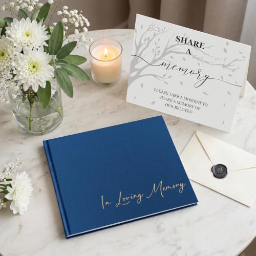 Image of Funeral Guest Book for Memorial Service, in Loving Memory 9x7.5 | 330 Entries, Table Sign Card Included, Gold Stamping, Oxford-Textured Paper Cover, Minimalist Design, Beige