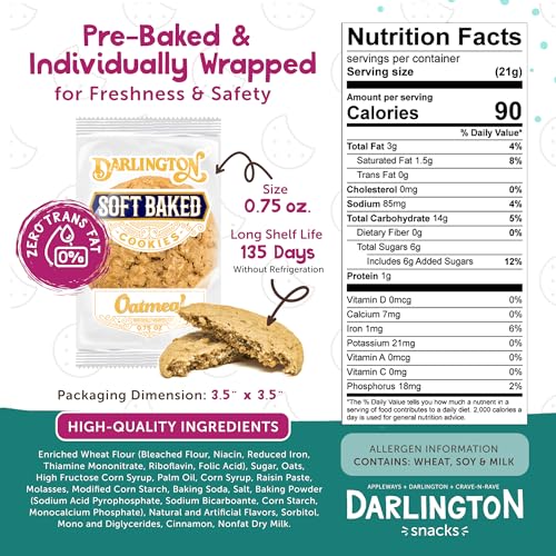 Image of Darlington Snacks Individually Wrapped Oatmeal Cookies Soft Baked, 100% Nut Free Soft Baked Cookies Oatmeal, Made in USA, 0.75 Oz, 216 Count